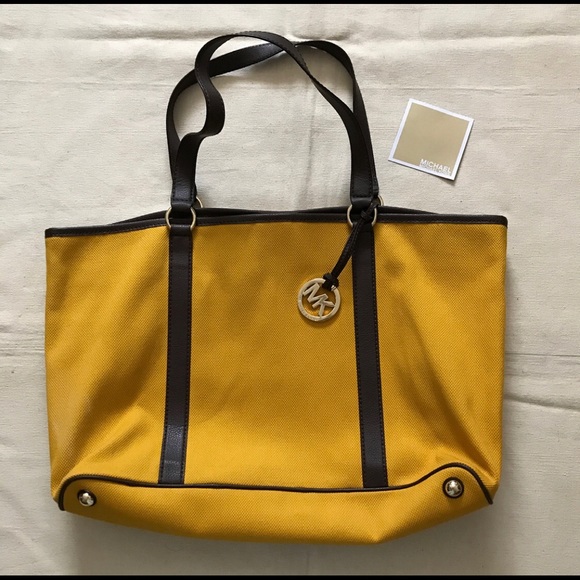 [Michael Kors] Mustard Yellow Canvas Tote with Brown Leather Handles - Picture 1 of 4